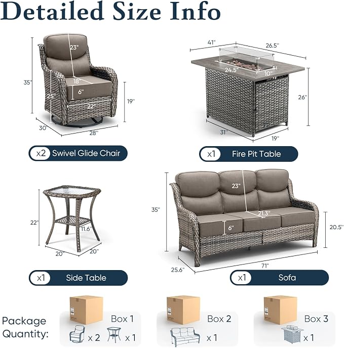 Belord Luxury 6" Thick Cushioned 5 Pieces Patio Furniture Set with Fire Pit Table, Wicker Outdoor Conversation Set with High Back Swivel Rocker Chairs for Deck Porch Yard and Poolside - Grey+Grey