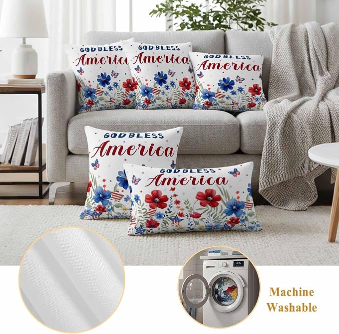 God Bless USA Outdoor Waterproof Throw Pillow Covers Set of 2, 20"x12", Red Blue Daisy Butterfly Independence Day Decorative Pillow Covers Outside Cushion Case for Patio Porch Garden