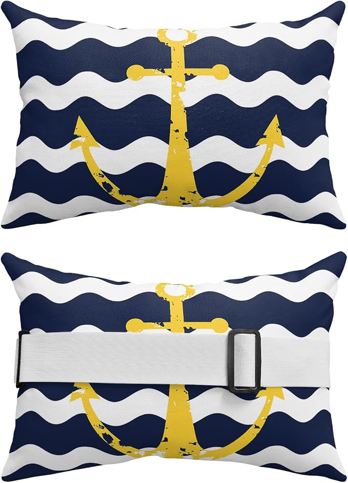 Outdoor Pillows Covers with Inserts Navy Blue Wave Stripes Yellow Nautical Anchor Waterproof Recliner Pillow with Adjustable Strap Throw Pillows for Patio Furniture Pool Lounge Chair, 12x20 inch, 2PCS