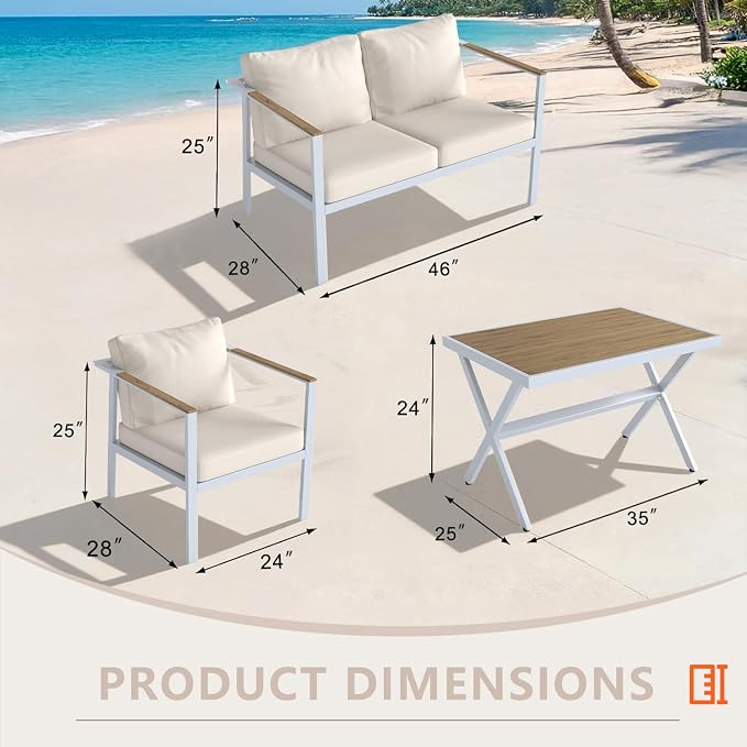 Aluminum Patio Sectional Furniture Set,4 piece Patio Conversation Sets Outdoor Patio Furniture Set Sofa with Coffee Table & Washable Cushions White