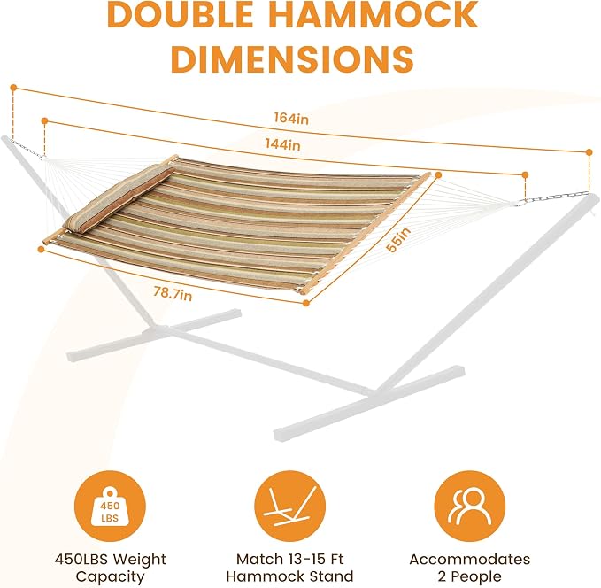 Lazy Daze Hammocks 12 FT Quilted Fabric Double Hammock with Spreader Bars and Detachable Pillow, 450lbs Weight Capacity, Brown Stripe