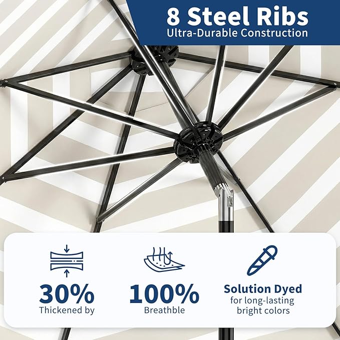 GarveeLife 9FT Patio Umbrella Outdoor, Table Umbrella with Push Button Tilt and Crank, 8 Sturdy Ribs UV Protection Waterproof for Garden, Pool, Market, Deck (Brown & White Stripe)