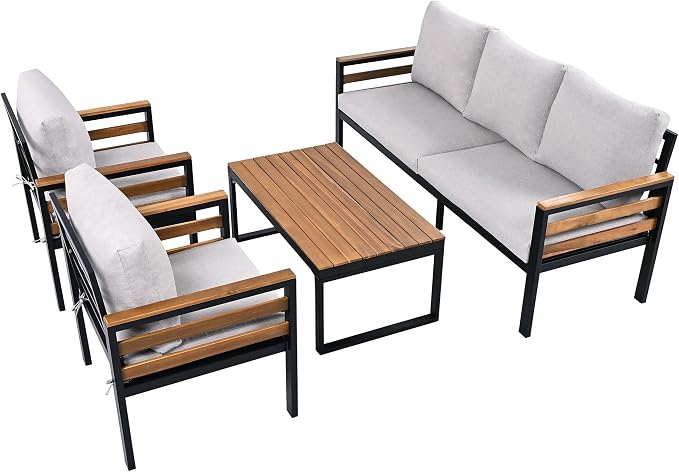 KLMM 4-Piece Outdoor Sofa Set for 5 People with Acacia Wood Armrests, Patio Conversation Set with Removable Cushion and Solid Wood Coffee Table,for Garden Backyard (Beige#g)