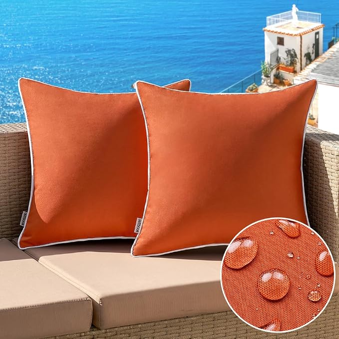 MIULEE Outdoor Waterproof Pillow Covers 18x18 Burnt Orange Pack of 2 | Decorative Farmhouse Throw Pillow Covers with Piping,Square Solid Color,Patio Furniture,Summer Couch Tent Sofa Living Room