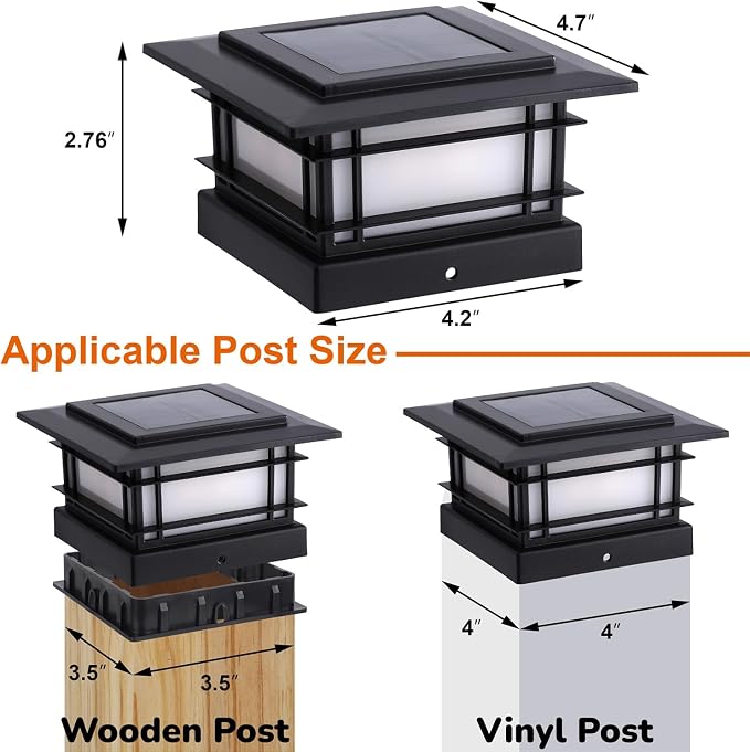 Dynaming 4x4 Solar Post Cap Lights Outdoor with 2 Color Modes, 2 Pack Fence Post Solar Lights Black Shell Fit for Vinyl/Wooden Posts, High Brightness SMD LED Lighting Decor for Garden Deck Patio
