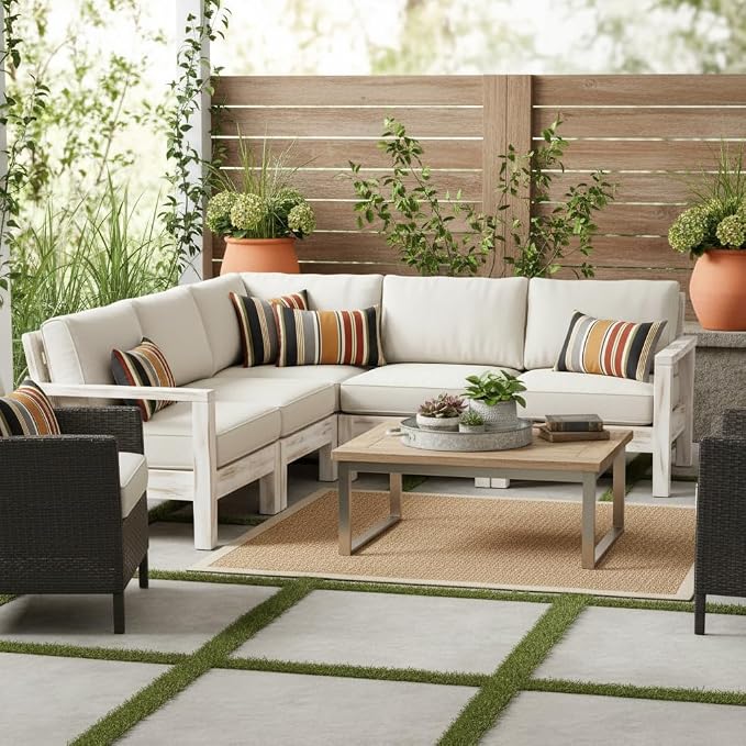 Set of 2 Outdoor Throw Pillows 19 x 12 Inch – Reversible Rectangle Patio Accent Pillows – Weather-Resistant Polyester Fabric – Eco-Friendly Recycled Polyfiber Fill – Brick Stripe