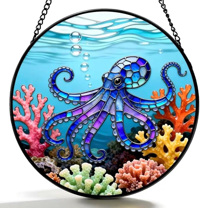 Stained Glass Window Hanging - The Blue Octopus is Foraging in The Coral 6.3 Inches Suncatcher for Garden Home Decor for Women Mom Grandma Friends