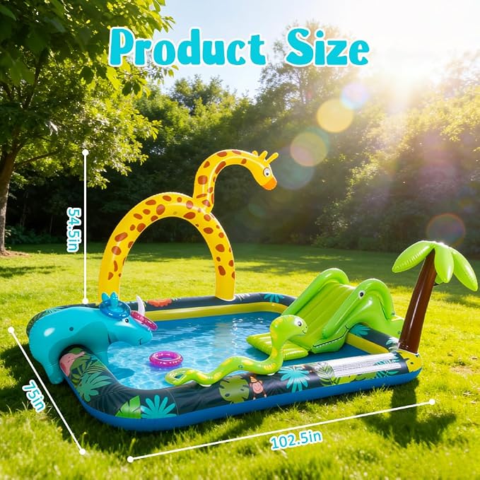 Inflatable Jungle Animal Play Center, Inflatable Water Park Kiddie Pool with Slide, Water Sprayer for Summer Outdoor Splash, Backyard and Garden 102.5" x75" x 54.5"