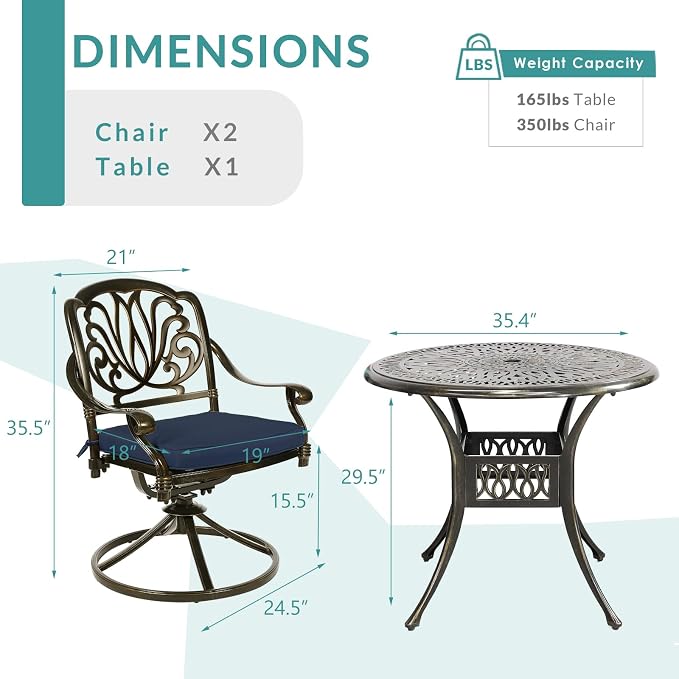 MEETWARM 3-Piece Outdoor Patio Dining Set, All-Weather Cast Aluminum Patio Conversation Set - 2 Cushions Swivel Rocker Chairs and 35.4" Round Table for Backyard Garden Deck, Umbrella Hole, Navy Blue