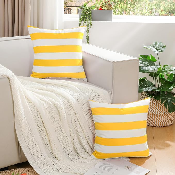 Lewondr 2 Pack Outdoor Throw Pillow Covers, 18"x18", Yellow + White | Square Stripe, Waterproof, For Outdoor Patio Porch Farmhouse Garden Balcony Couch, 45x45cm