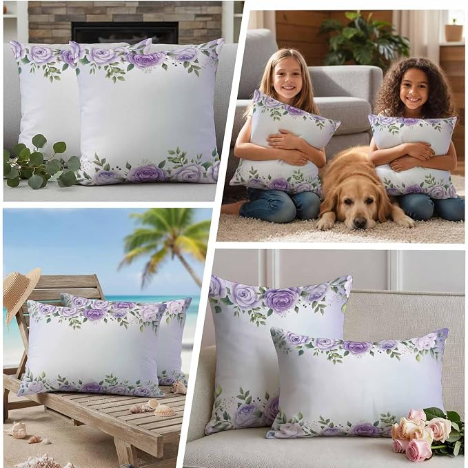 Outdoor Waterproof Throw Pillow Covers Set of 2 Purple Rose Flower Pillowcases 20x20 Inches Watercolor Floral Green Leaves Decorative Pillows Cushion Case Patio Pillows for Couch Bed Chair Garden