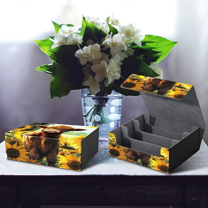 Large Card Deck Box for MTG, Fits 1200+ Sleeved Cards, PU Leather Storage Case with Strong Magnetic Closure, Multiple Colors for TCG CCG Baseball Card Collections, Sunflower Baby Cow