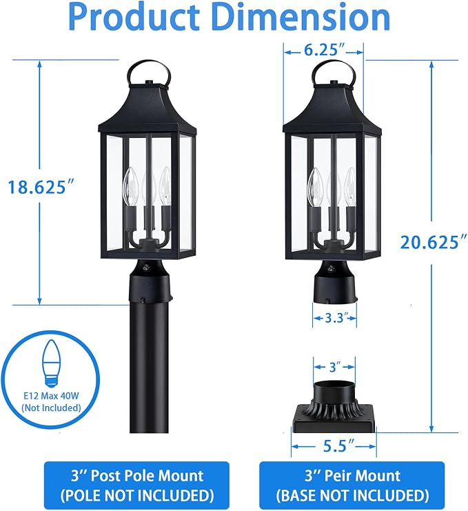 18.62'' Dusk to Dawn Post Light Outdoor, Large 3-Light Lamp Post Light | Modern Pillar Outside Lighting Waterproof Post Lantern Lamp Outdoor Post Light Fixtures Pole Lights for Porch, Black