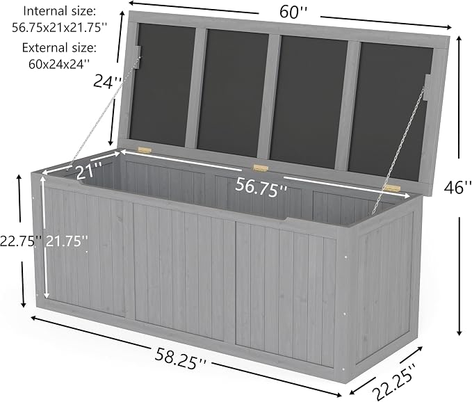 Domesto 112 Gallon Extra-Large Outdoor Deck Box, Solid Wood Storage Box Seat & Table Top, For Patio Cushions, Pool, Garden Tools (Grey, 112 Gallon)