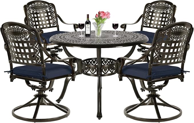VIVIJASON 5-Piece Outdoor Patio Dining Set, All-Weather Cast Aluminum Conversation Set, Patio Furniture Set for Backyard, Include 4 Swivel Chairs, 38.5" Round Table w/Umbrella Hole, Navy Blue Cushion