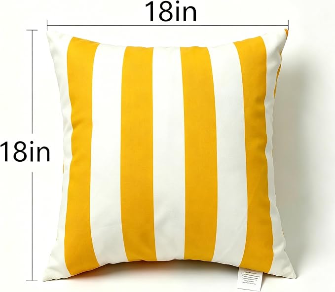 Outdoor Pillows 2-Pack, Waterproof Fade-Resistant (Yellow Stripes, 18x18) | Zippered removable covers easy cleaning, premium PP cotton fill resilient comfort, multiple color options, reinforced edges
