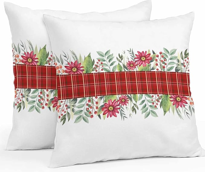 Christmas Outdoor Pillow Covers Waterproof, All Weather Cushion Case Set of 2, Red Plaid Poinsettia Berry Xmas Botanical Decorative Pillowcases for Sofa Couch Bed Decor Patio Furniture 24"x24"