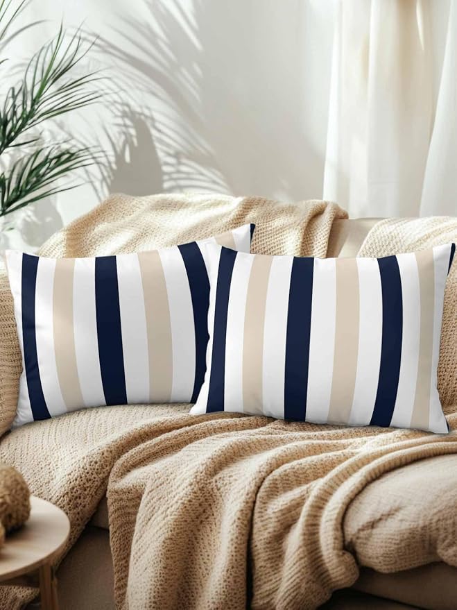 Outdoor Pillows Waterproof, Beige Navy Blue Striped Bedding Throw Pillows with Insert for Couch Sofa Bed, Farmhouse Stripe Art 12x20 Inch Pillowcases Decorative Camping Patio Pillow Set of 2