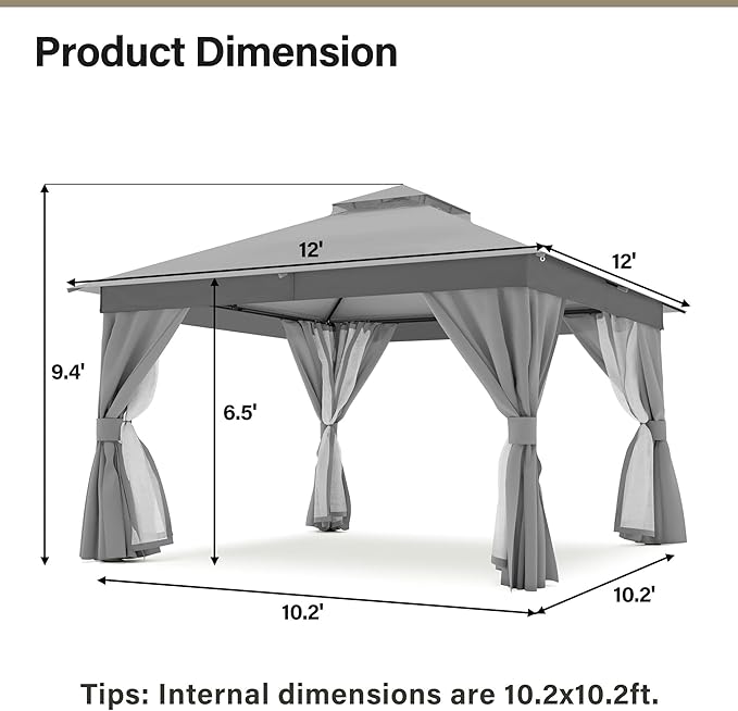 LAUSAINT HOME 12'x12' Outdoor Gazebo, Metal Frame Heavy Duty Patio Canopy Tent Shelter with Double Roofs, Mosquito Nettings and Privacy Screens for Backyard, Garden, Lawn, Gray
