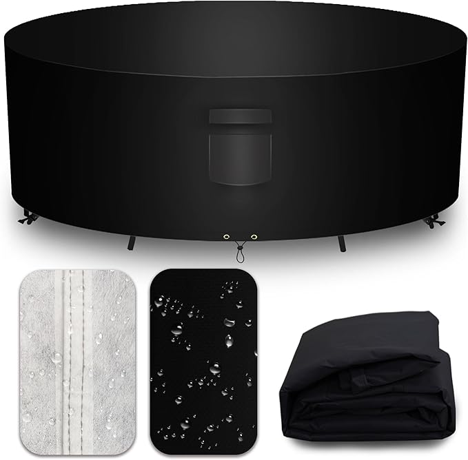 Heavy Duty Patio Furniture Covers Waterproof, 600D Round Outdoor Furniture Cover Waterproof for Sectional Sofa Couch, Outdoor Dining Table and Chair Set Covers 92"DIA x 28"H, Black