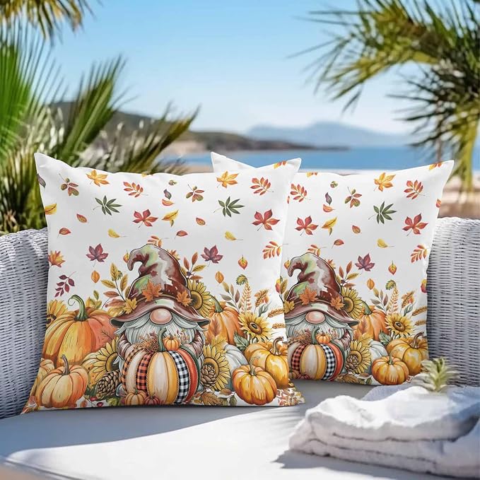 Fall Gnomes Outdoor Waterproof Pillow Covers, Thanksgiving Pumpkins Leaf Sunflowers Farm Decorative Square Throw Pillowcase Sofa Cushion Sham for Patio/Couch/Chair, 18"x18" 2 Pack