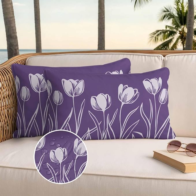 Purple Flower Waterproof Outdoor Pillow Covers Set of 2 Home Decor, Country Garden Floral Aesthetics Plant Pillowcase Patio Pillow Covers for Couch Bench Furniture Garden 20x12in