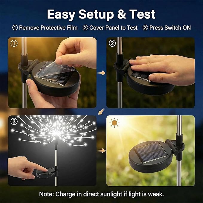 Solar Firework Lights Outdoor, 200 LED Starburst Garden Lights, Adjustable Height 2/3-Rod up to 51in, Stainless Steel, 2 Lighting Modes, IP65 Waterproof Pathway Light for Yard Patio Lawn