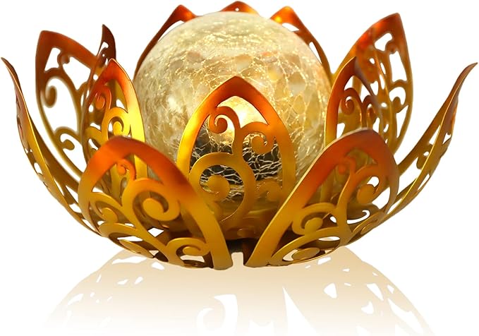Bshine Solar Outdoor Garden Lotus Decorative Light, Waterproof Metal Cracked Glass Globe LED Lotus Light for Tabletop Decor, Walkway, Lawn Ornaments and Garden, Housewarming Gift (Yellow)