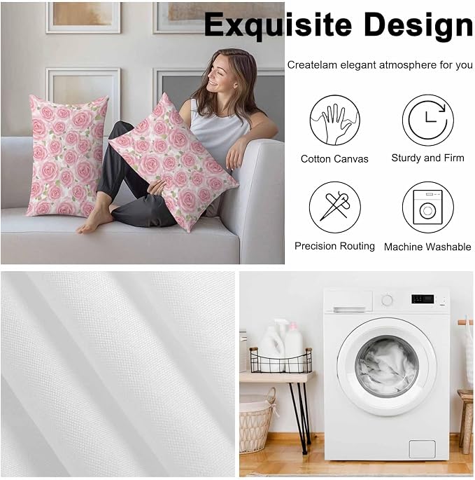 Vandarllin Outdoor Throw Pillows Covers 20x12 inch Set of 2 Waterproof Pink Rose Floral Decorative Zippered Cushion Covers for Patio Furniture, Flowers Leaves Plants Lumbar Pillowcases