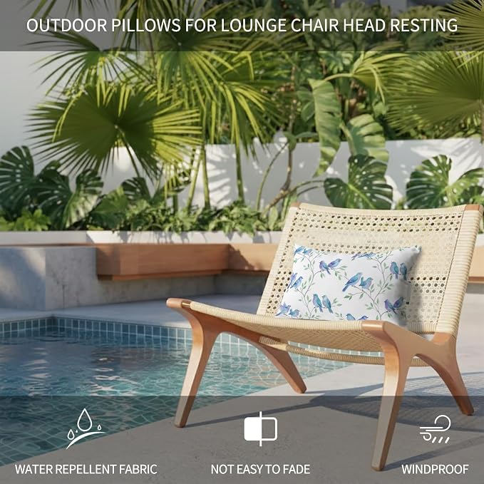 Outdoor Pillow for Chaise Lounge Chair Modern Watercolor Bird Tree Branch Headrest Pillow with Adjustable Elastic Strap Set of 2,11x16 inch, Botanical Leaves Blue Birds Head Pillows for Patio Pool