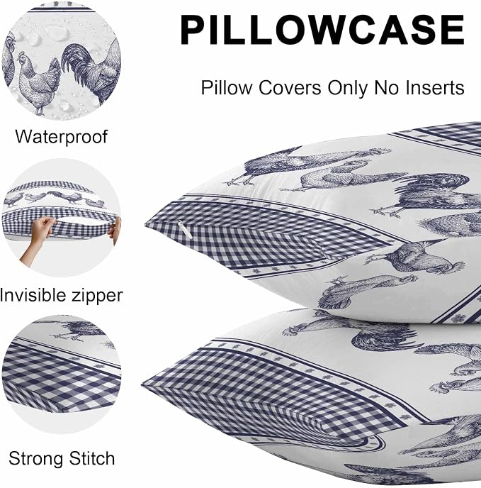 Navy Blue Rooster Outdoor Pillow Covers 24x24 Inch Throw Pillow Covers Set of 2 Waterproof Decorative Pillow Cases Vintage Farmhouse Blue Plaid Cushion Covers for Patio Furniture Garden Couch Sofa