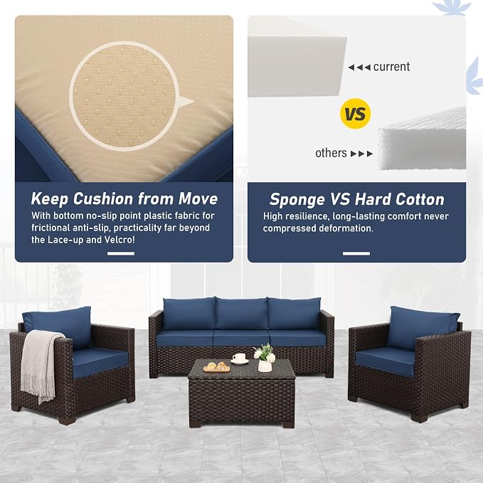 Rattan Star 6 Pieces Patio Outdoor Furniture Conversation Sets Patio Wicker Sofa Set with Outdoor Couch Patio Chairs and Storage Table Non-Slip Cushions Waterproof Covers, Navy Blue