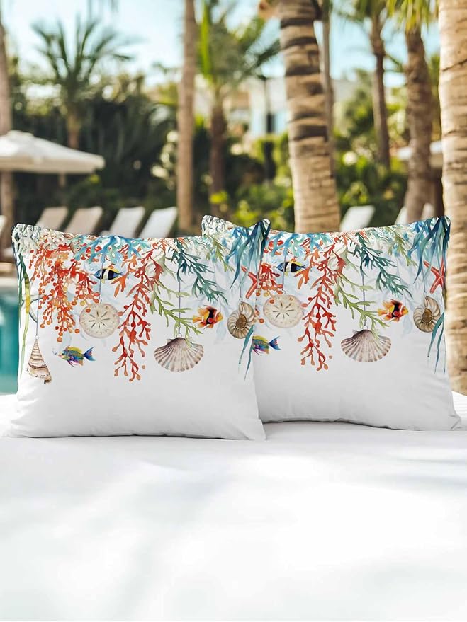 Outdoor Waterproof Throw Pillows Summer Colorful Coral Shell Conch Patio Pillows Pack of 2,Decorative Pillow Covers with Insert,Pillow Cushion Case for Garden Couch Sofa Sea Starfish Fish Marine Life