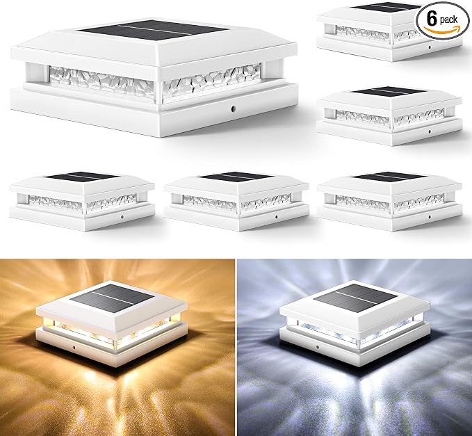 Solar Post Cap Lights 6-Pack, 2 Modes 16LEDs Bright Solar Post Lights Outdoor Waterproof, Fence Posts Cap Light, Deck Light for 4x4 4.5x4.5 5x5 Posts for Patio Garden Decor, White