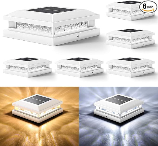 Solar Post Cap Lights 6-Pack, 2 Modes 16LEDs Bright Solar Post Lights Outdoor Waterproof, Fence Posts Cap Light, Deck Light for 4x4 4.5x4.5 5x5 Posts for Patio Garden Decor, White