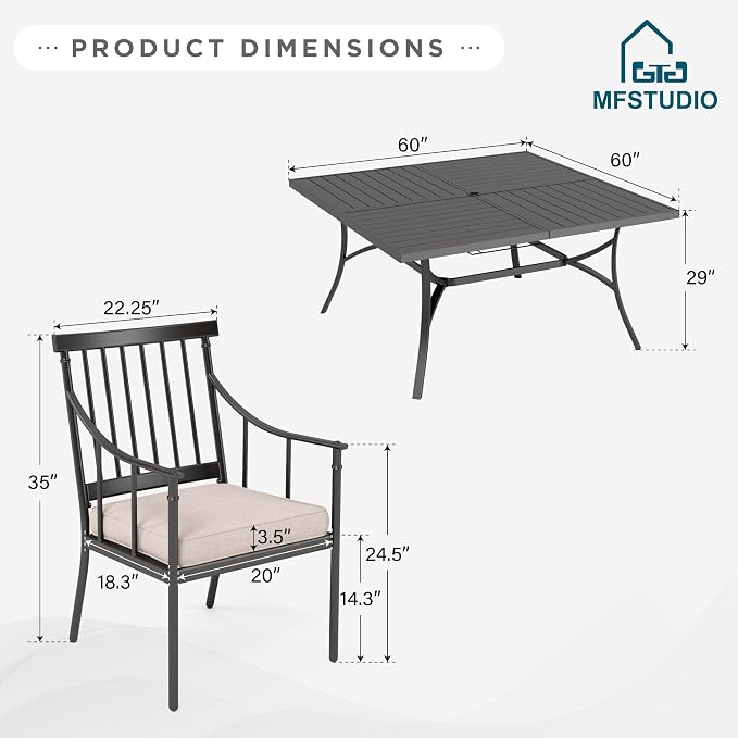 MFSTUDIO 9 PCS, Patio Dining Set, 60"x60", Square Metal Table | 8 Cushions Metal Armchairs, 1.57" Umbrella Hole, Steel, Weather resistant, Removable cushions