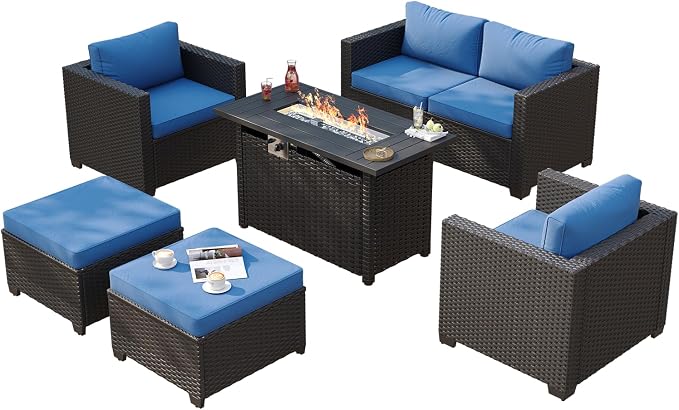 Aoxun Patio Furniture Set with Fire Pit Table, 6 Seats Outdoor Furniture Set with Wicker Ottomans, Rattan Outdoor Sectional Sofa with Thickened Cushion & Waterproof Cover Navy Blue