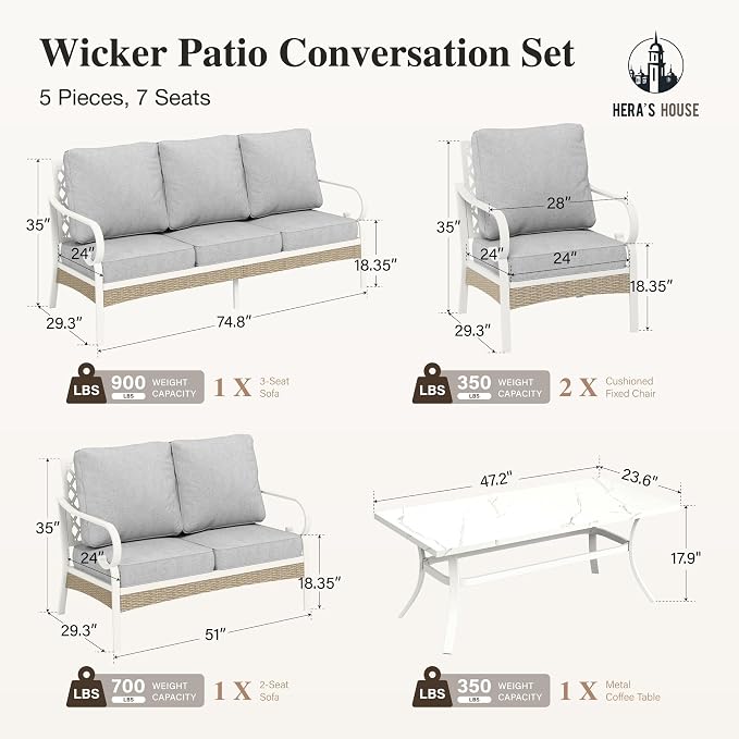 HERA'S HOUSE 5 Piece Metal Patio Furniture Set, 7 Seats All Weather Outdoor Conversation Set, 3 Seat Sofa with Loveseat, 2 Fixed Chairs, Coffee Table for Backyard, Garden, Deck, White/Grey