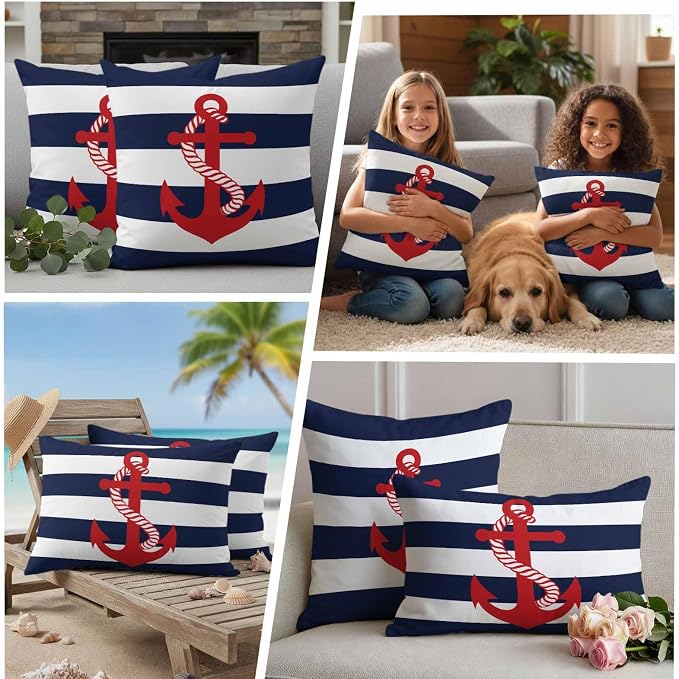 Nautical Anchor Outdoor Waterproof Throw Pillow Covers Set of 2, 16"x16", Coastal Navy Blue Stripe Decorative Pillow Covers Outside Cushion Case for Patio Porch Garden