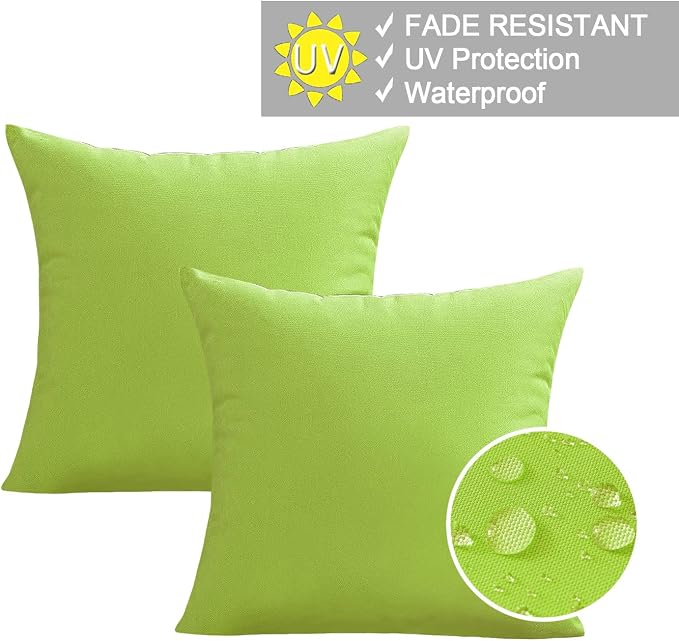 VAKADO Green Waterproof Outdoor Throw Pillow Covers 18x18 Set of 2 UV Fade | Soft polyester, hidden zipper. Fade resistant, patio porch garden furniture. Machine washable, all-season durability.