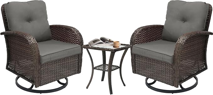 YLGJ&TIDY Outdoor Furniture Swivel Rocker Chairs 3PC Bistro Set 2 Brown Wicker Patio Glider Armchairs with Side Table Cushions Rocking Sofa for Porch Balcony Backyard Deck (Gray, 3PCS Swivel/Table)