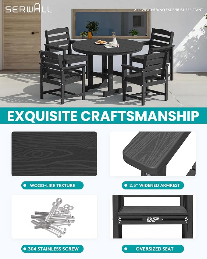 SERWALL 5-Piece Outdoor Round Dining Sets, HDPE Patio Table and Chairs Furniture Set, 45" Round Dining Table and 4 Dining Chairs, Black