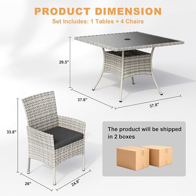 5-Piece Patio Dining Set, Patio Furniture Set with Square Tempered Glass Table & 4 Wicker Chairs, Expandable Design for Larger Groups, Outdoor Furniture for Backyard, Deck, Garden, Dark Grey
