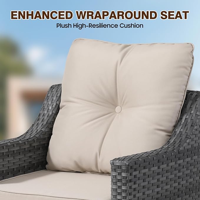 5 Piece Patio Furniture Set With Fire Pit Table,360°Swivel Glider Patio Chairs Set of 2,Cozy 60,000 BTU Square Fire Pit Table,2 Sofas,All-Weather Wicker Outdoor Patio Set With 6 Inch Thick Cushions