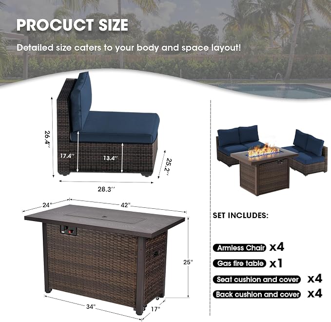 Grezone 9 Piece Patio Furniture Set with 44" Fire Pit Table, Outdoor Sectional Couch, PE Rattan Patio Conversation Sets with 4inch Cushions for Backyard Deep Blue (NY)