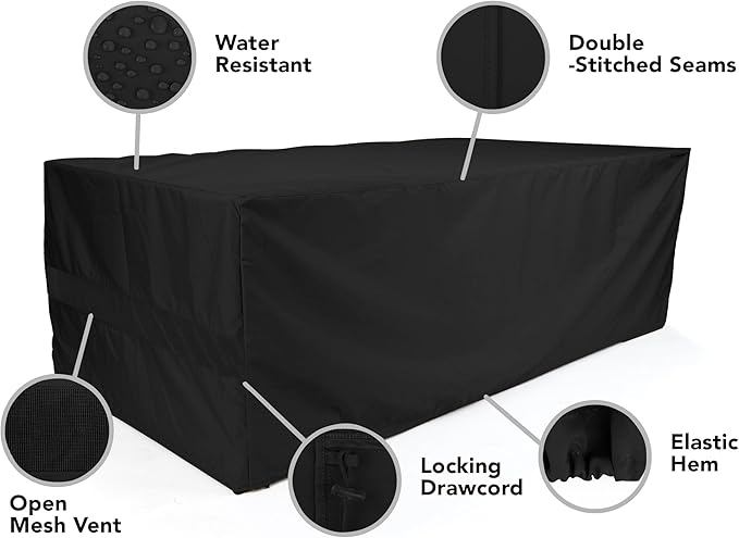 Covermates Elite Outdoor Rectangular Dining Table Cover – All-Weather Water-Resistant Polyester, Mesh Ventilation, Drawcord & Buckle Straps for Patio Furniture, Full Table 50W x 30D x 25H, Black