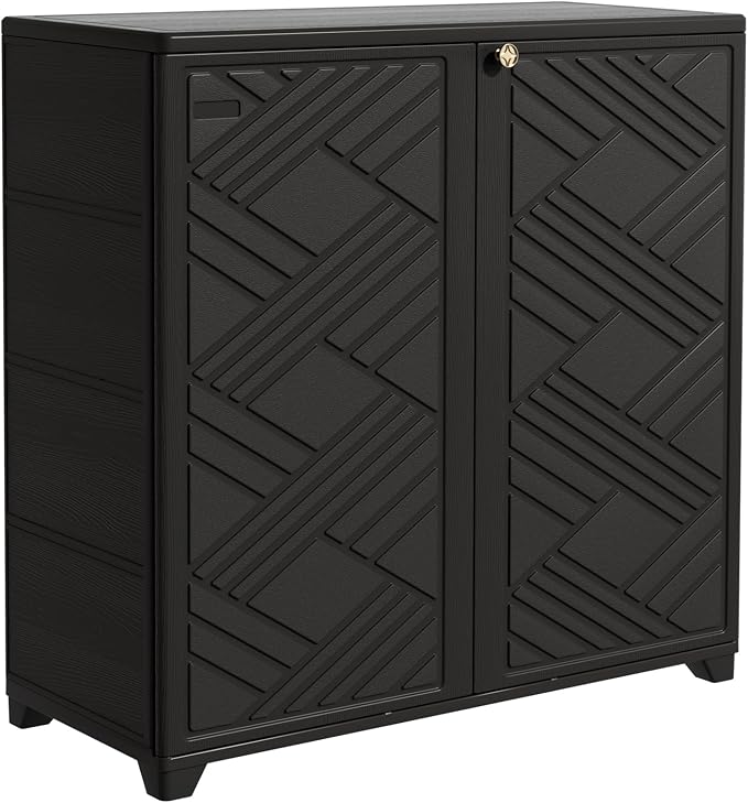 Mrosaa Outdoor/Indoor Storage Box,Resin and Plastic Storage Cabinet Waterproof,Outdoor Cabinet for Patio/Garden/Balcony/Backyard/All Room(with 2 Shelves)-Black