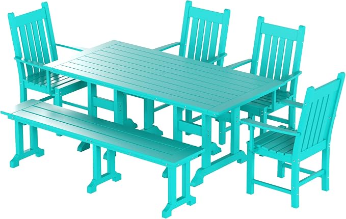 WO Home Furniture Adirondack Patio Dining Chair Table Bench Set of 6 PCS Rectangle Dinner Table Dining Arm-Chairs (Turquoise)
