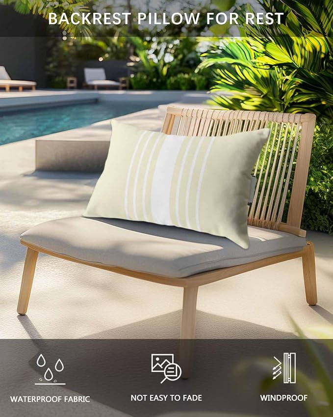 Outdoor Pillow for Lounge Chair with Strap & Insert Cream Vertical Stripes Recliner Head Pillow Classic Striped Waterproof Headrest Patio Lumbar Pillows for Beach Pool Office Chaise Chair 11x16 Inch