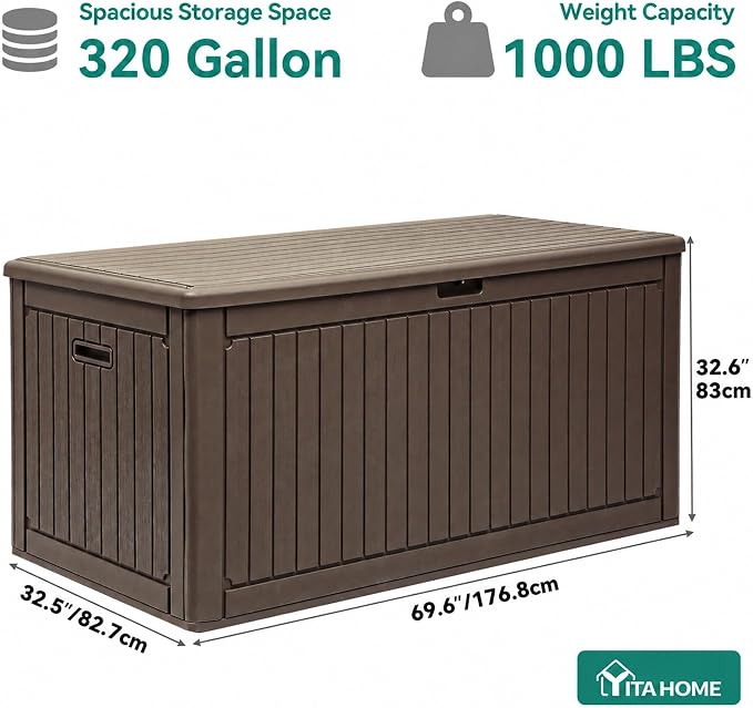YITAHOME 320 Gallon Extra Large Deck Box, Double-Wall Resin Outdoor Storage Box with Flexible Divider for Patio Cushions Pool Supplies Garden Tools, 1000lbs Load Capacity, Lockable&Waterproof (Brown)
